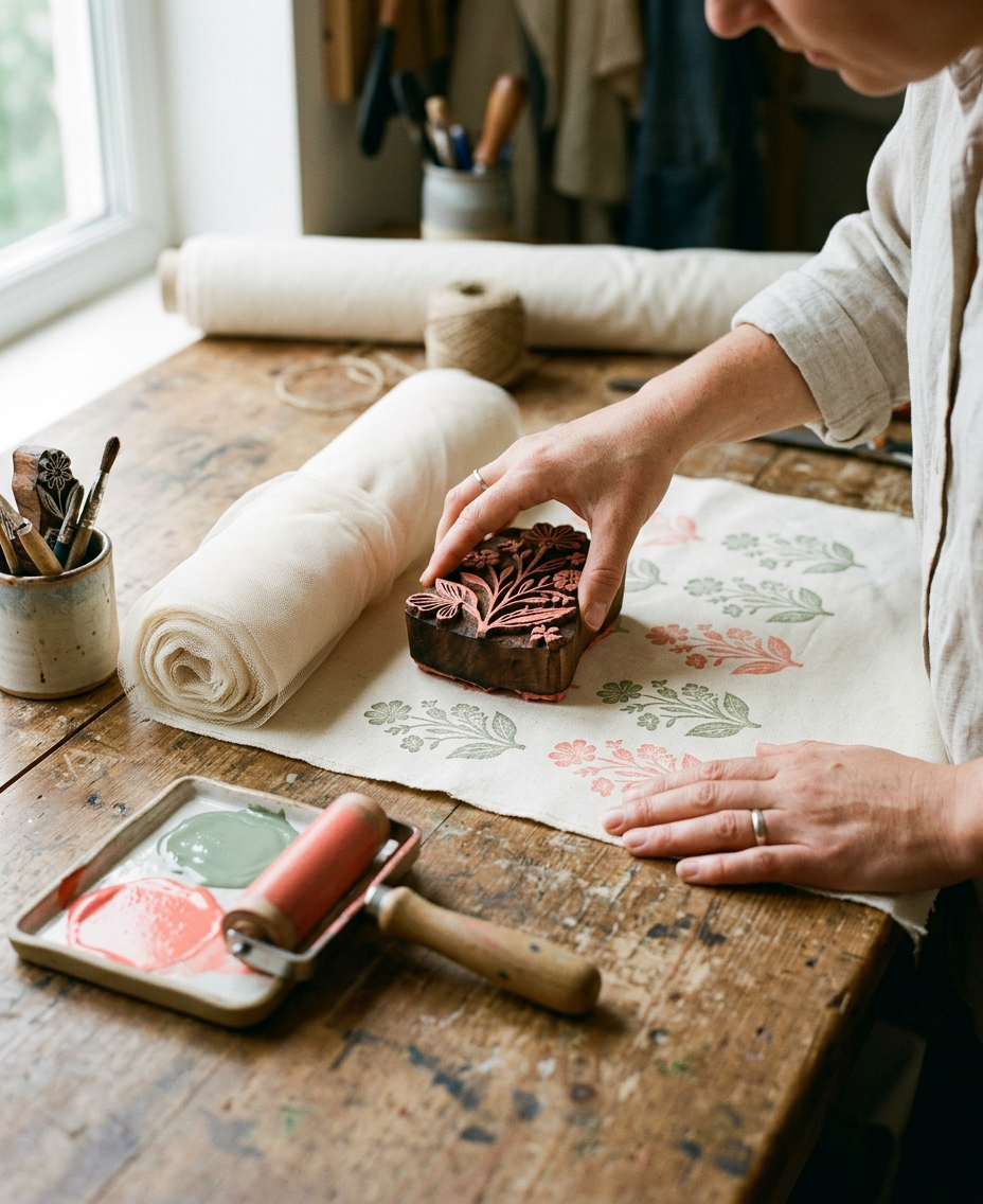 A maker pressing a carved wooden block into coral ink on cream cotton at a studio table