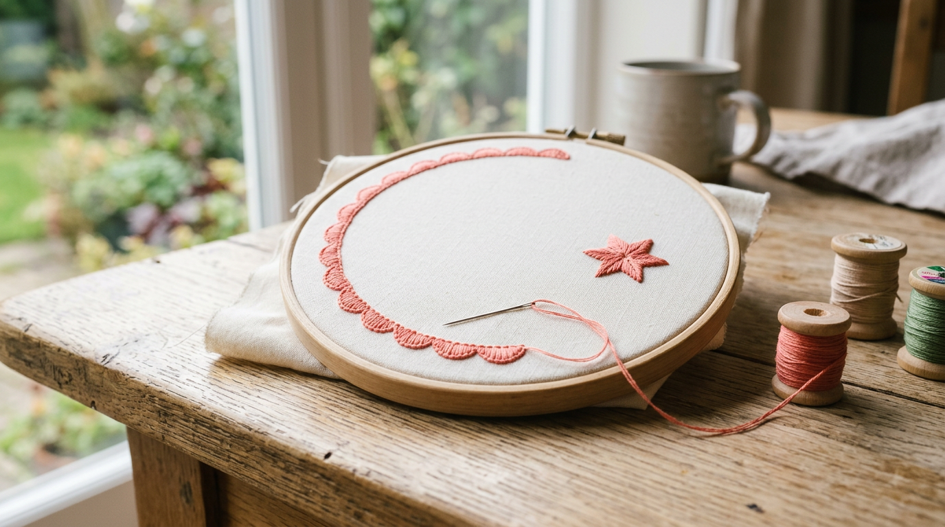 A wooden embroidery hoop with a half-finished coral scalloped border and star, a needle and spools of thread beside it