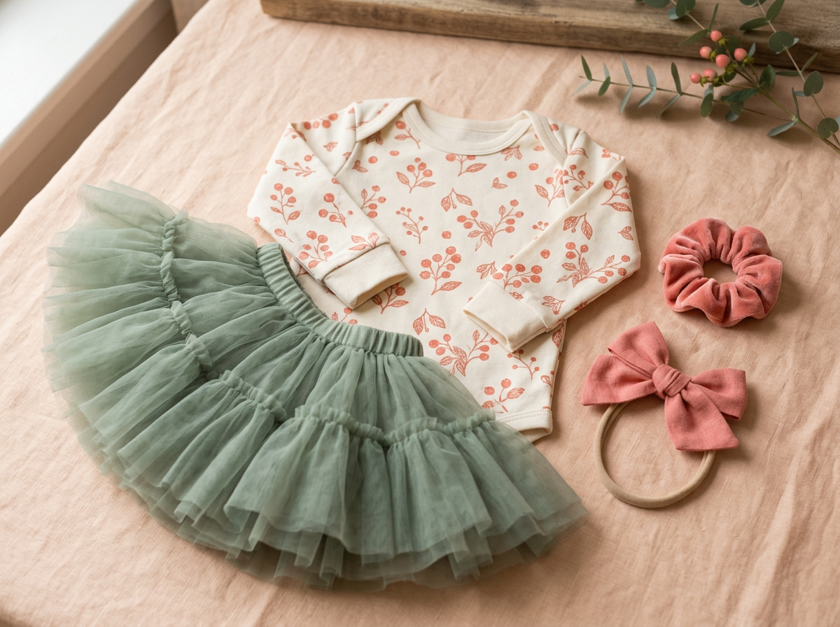A sage tulle tutu, a cream bodysuit block-printed with coral berries, a coral velvet scrunchie and a coral bow