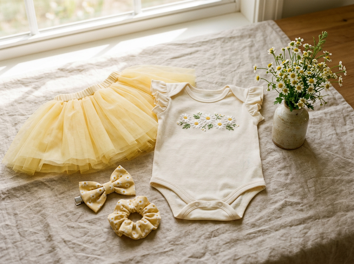 A butter-yellow tutu, a cream bodysuit with embroidered daisies, a daisy-print bow and scrunchie beside a vase of daisies