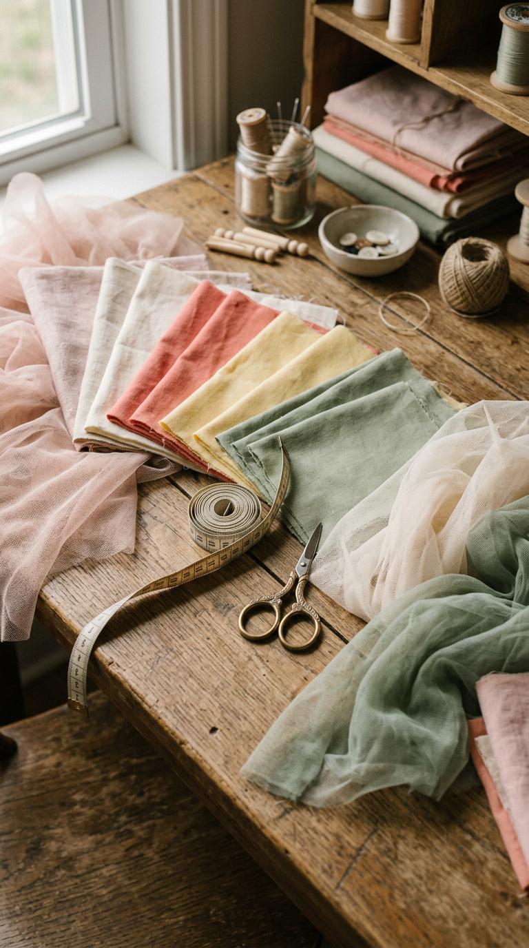 Fabric and tulle swatches in blush, cream, coral, yellow and sage fanned out on a studio table with a tape measure and scissors